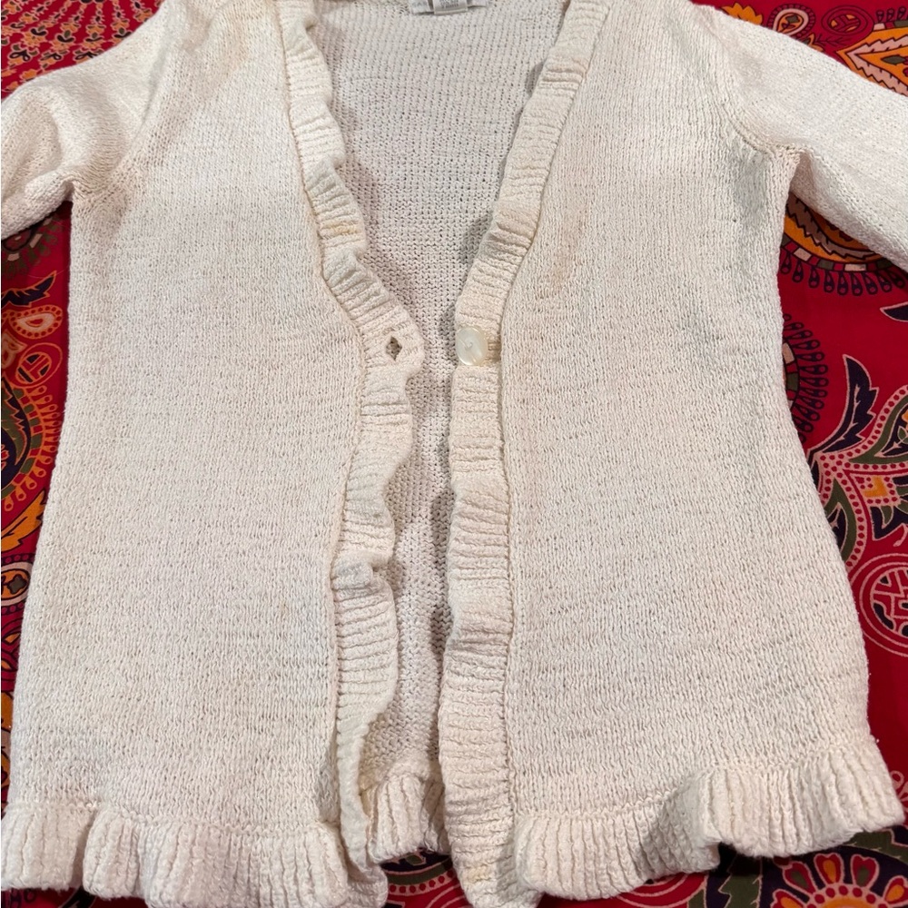 🐑Sarah Spencer Ivory White Subtle Ruffle 3/4 Sleeve One Button Front  Cardigan M